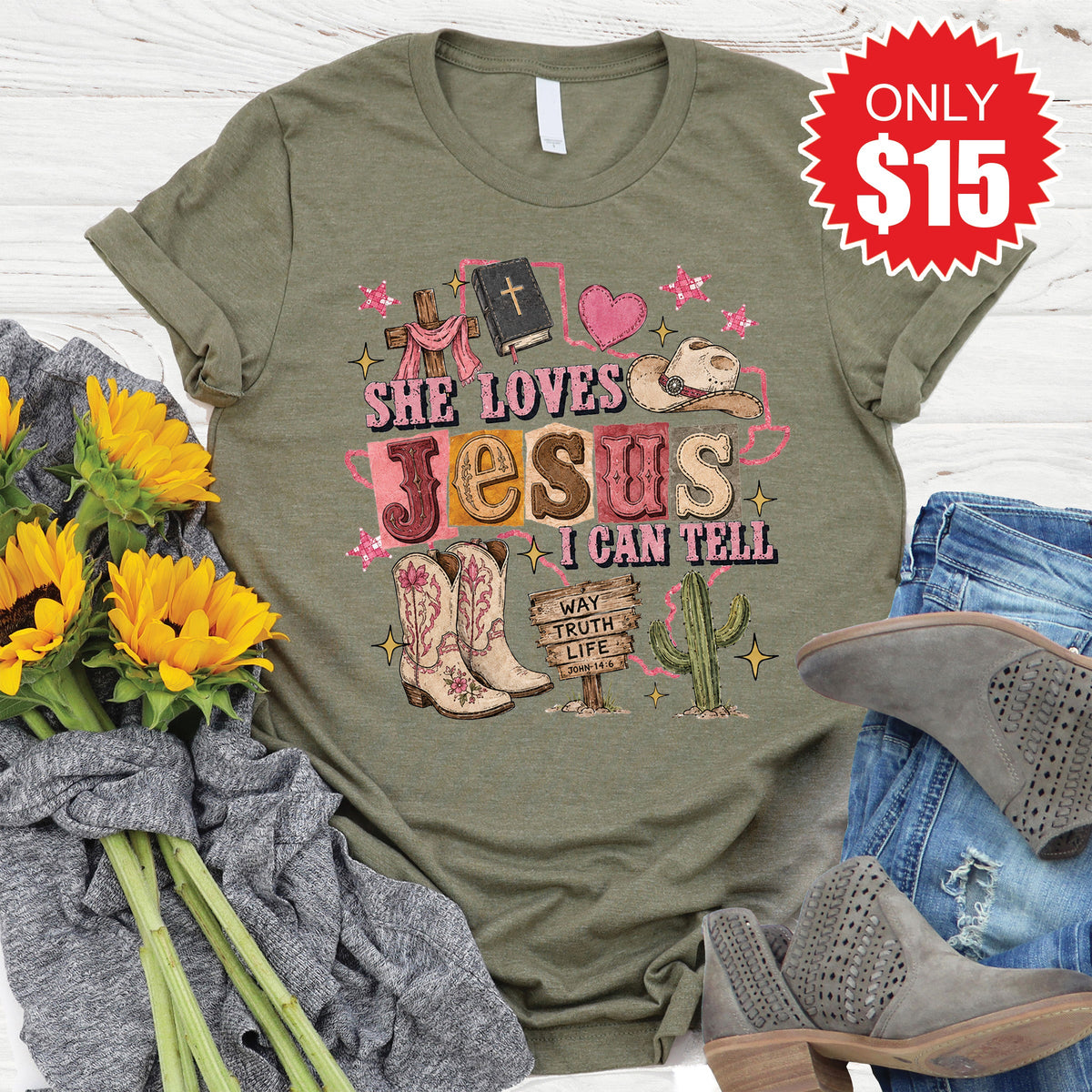 She Loves Jesus Tee - Heather Olive - 15 product image 1