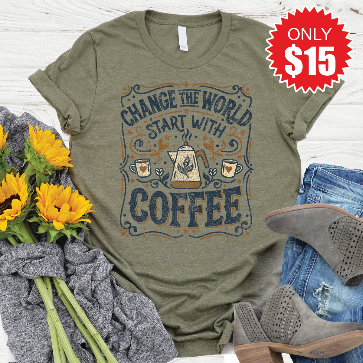 Change the World Coffee Tee - Heather Olive - 15 product image 1