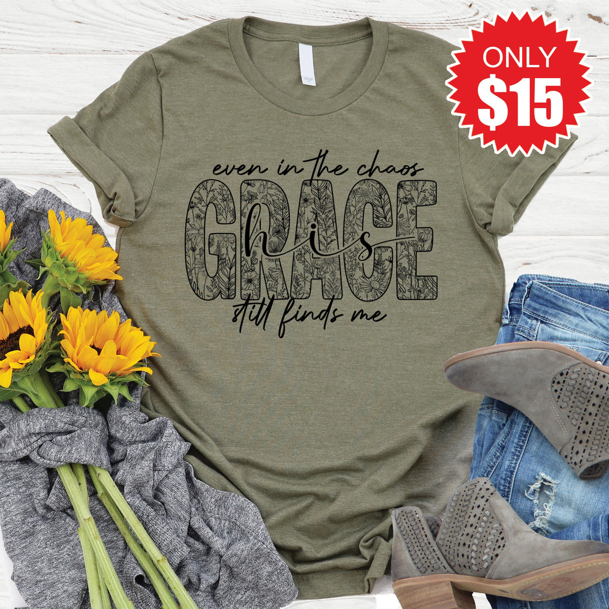 Grace Still Finds Me Tee - Heather Olive - 15 product image 1