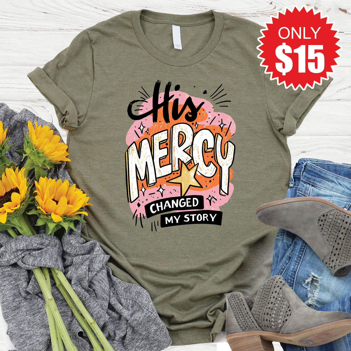 His Mercy Tee - Heather Olive - 15 product image 1