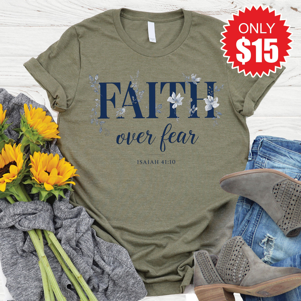 Faith Over Fear Tee - Heather Olive - 15 product image 1