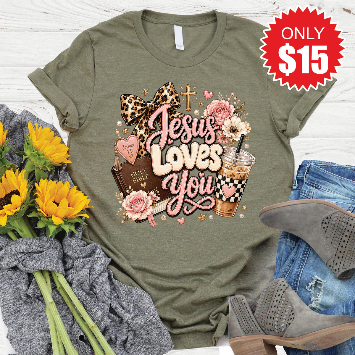 Jesus Loves You Tee - Heather Olive - 15 product image 1