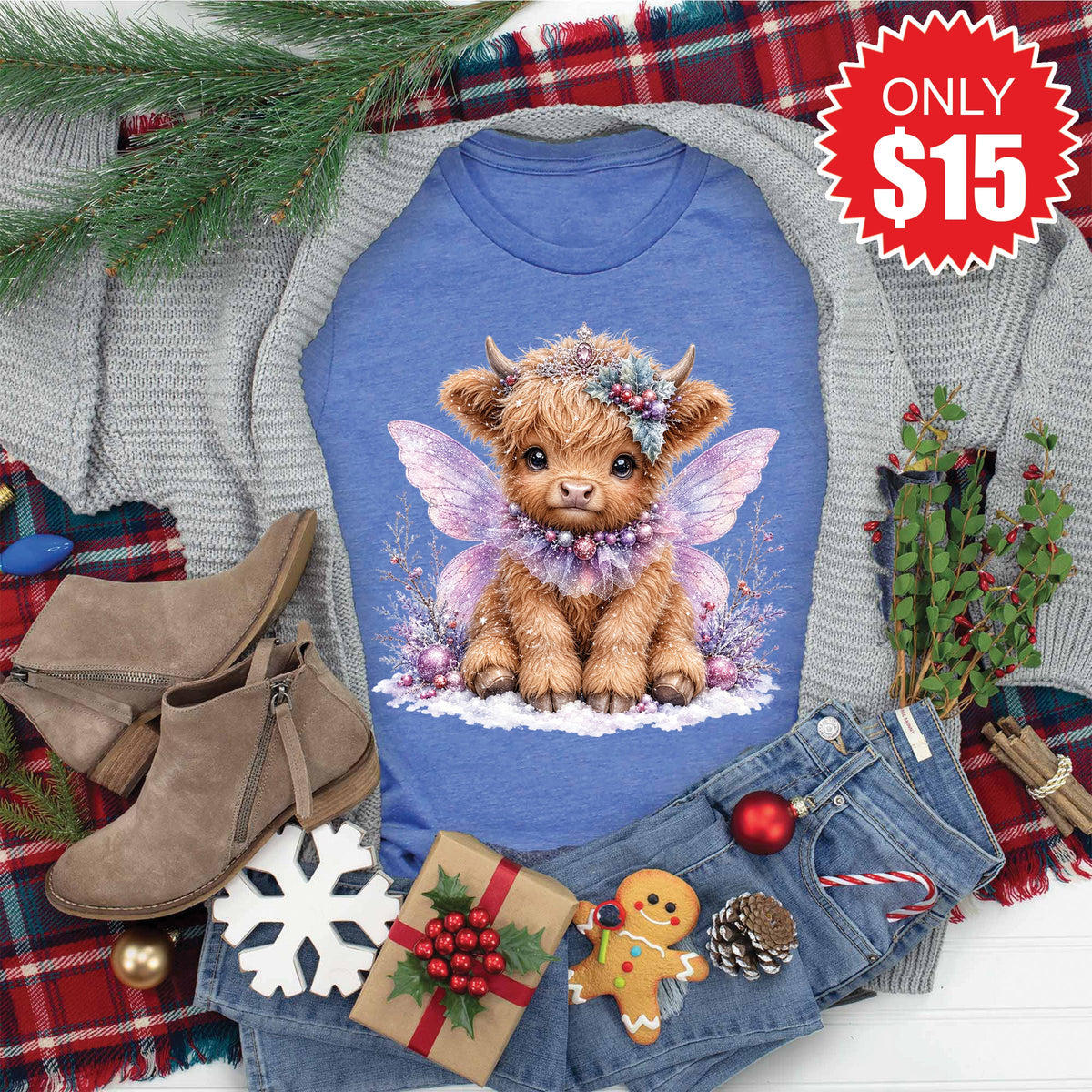 Christmas Cow Tee - Heather Royal Blue - 15 product image 1