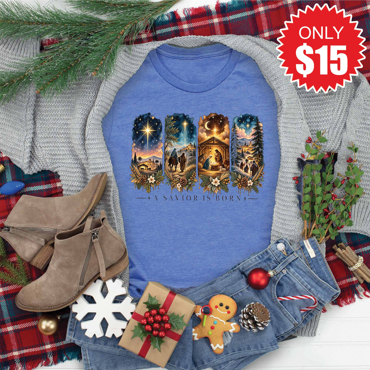 A Savior Is Born Tee - Heather Royal Blue - 15 product image 1
