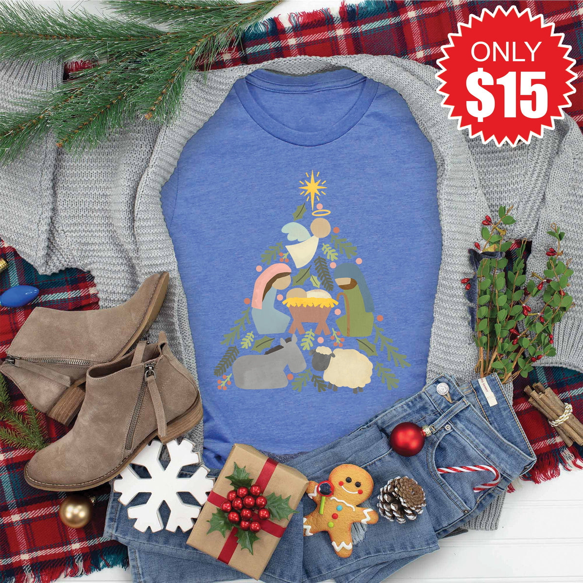 Nativity Tree Tee - Heather Royal Blue - 15 product image 1