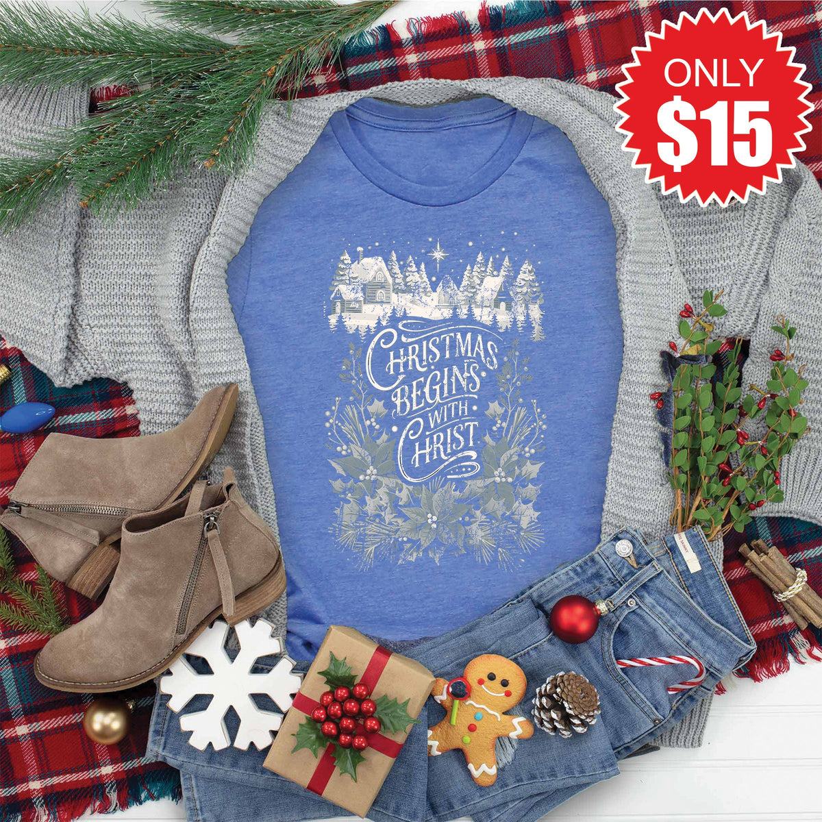 Christmas Begins With Christ Tee - Heather Royal Blue - 15 product image 1