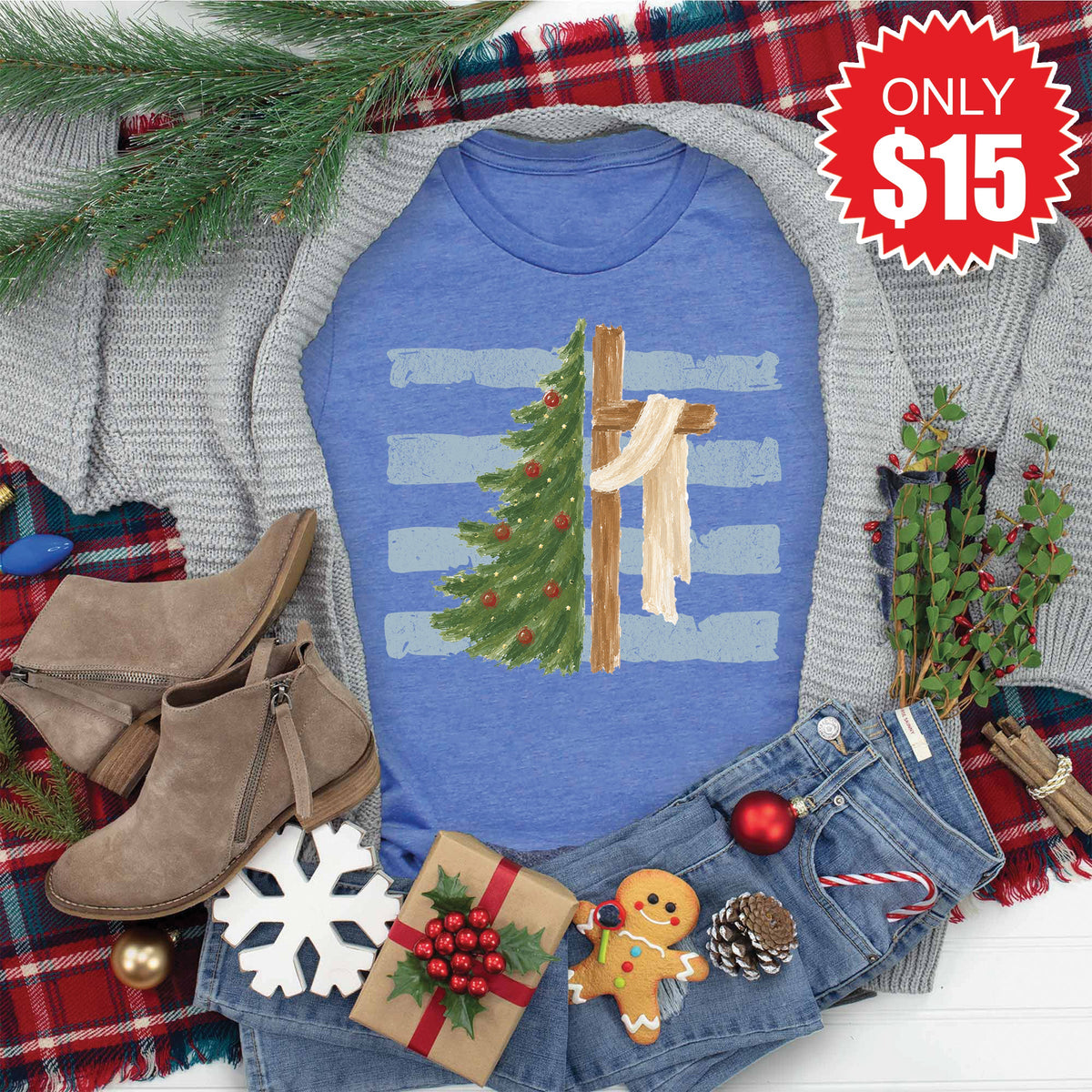 Cross and Christmas Tree Tee - Heather Royal Blue - 15 product image 1