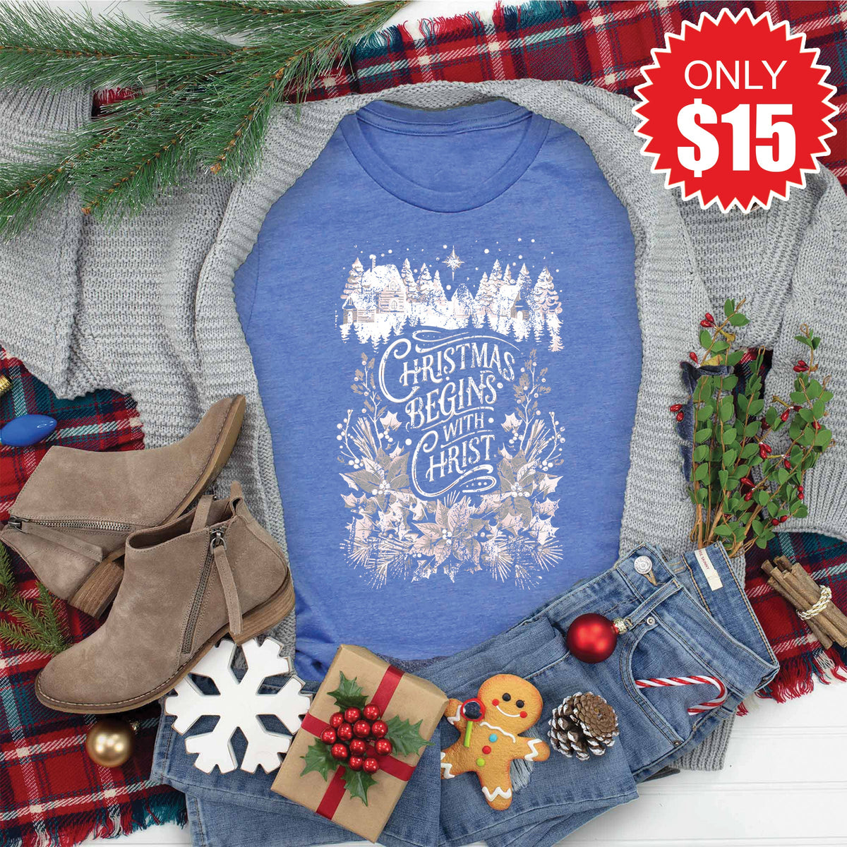 Christmas Begins With Christ Tee - Heather Royal Blue - 15 product image 1