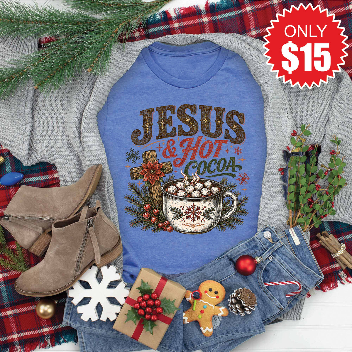 Jesus and Hot Cocoa Tee - Heather Royal Blue - 15 product image 1