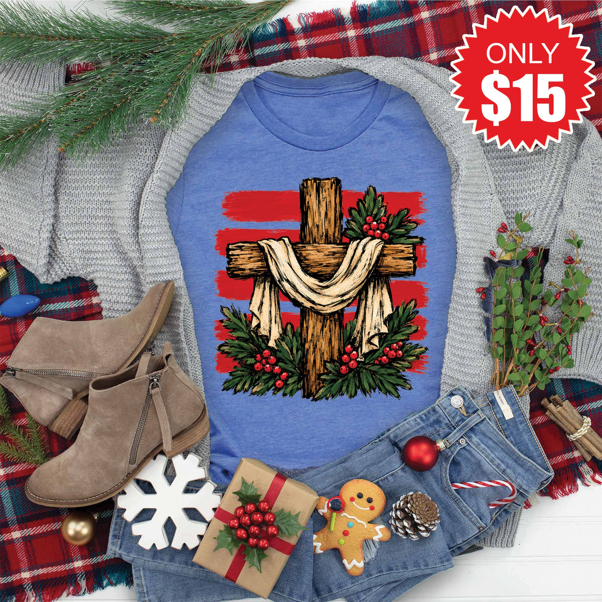 Christmas Cross Tee - Heather Royal Blue - 15 product image 1