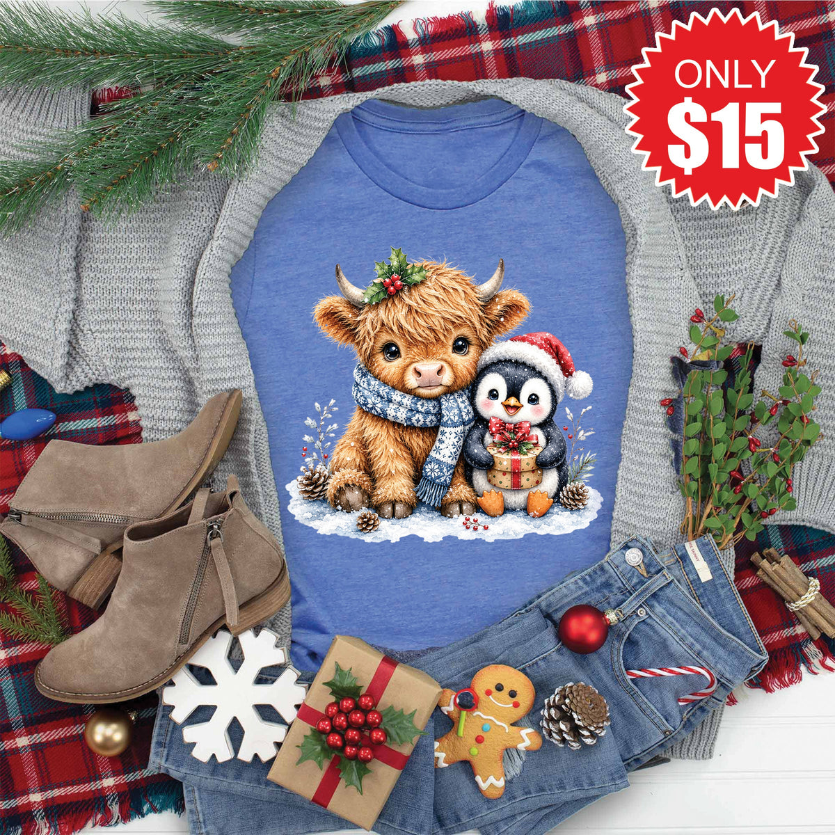 Christmas Cow Tee - Heather Royal Blue - 15 product image 1