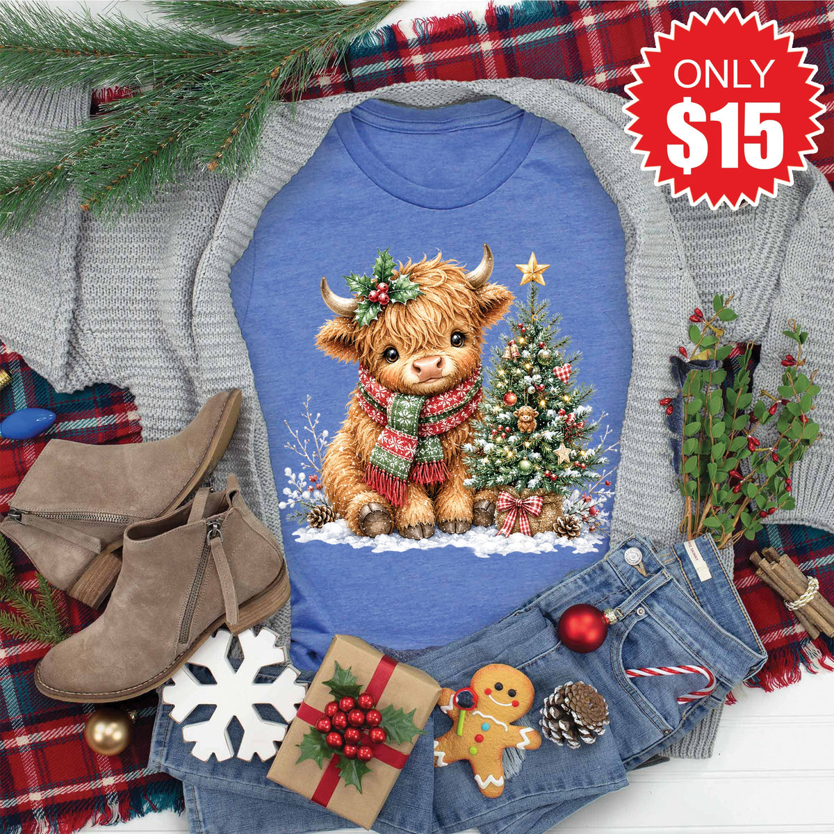 Christmas Cow Tee - Heather Royal Blue - 15 product image 1