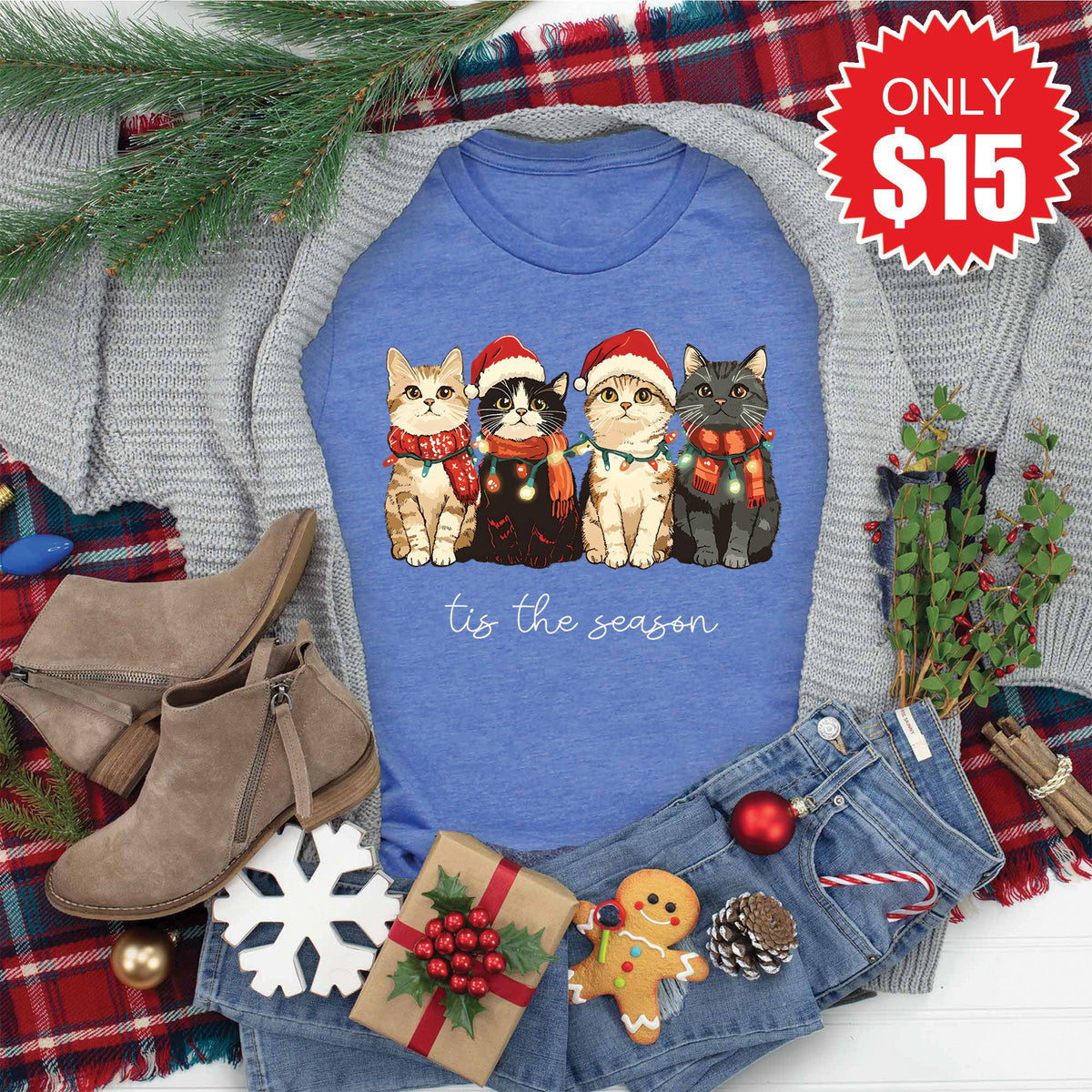 Christmas Cats Tee - Heather Royal Blue - 15 product image 1