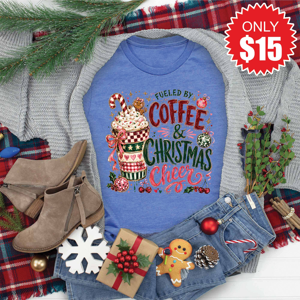 Coffee and Christmas Cheer Tee - Heather Royal Blue - 15 product image 1