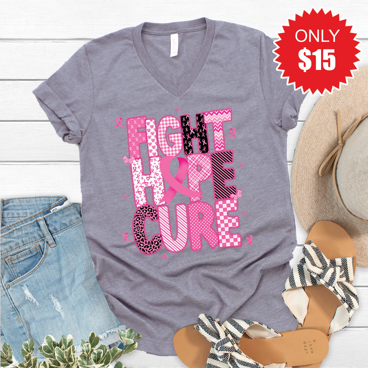 Fight, Hope, Cure V-Neck - Heather Storm - 15