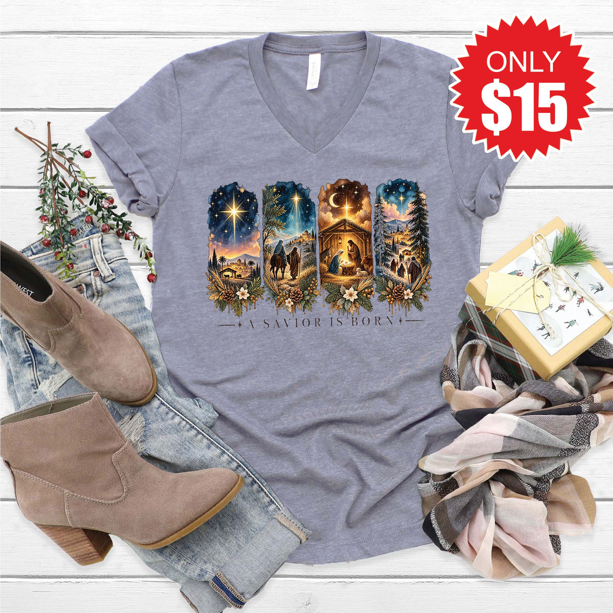 A Savior Is Born V-Neck - Heather Storm - 15