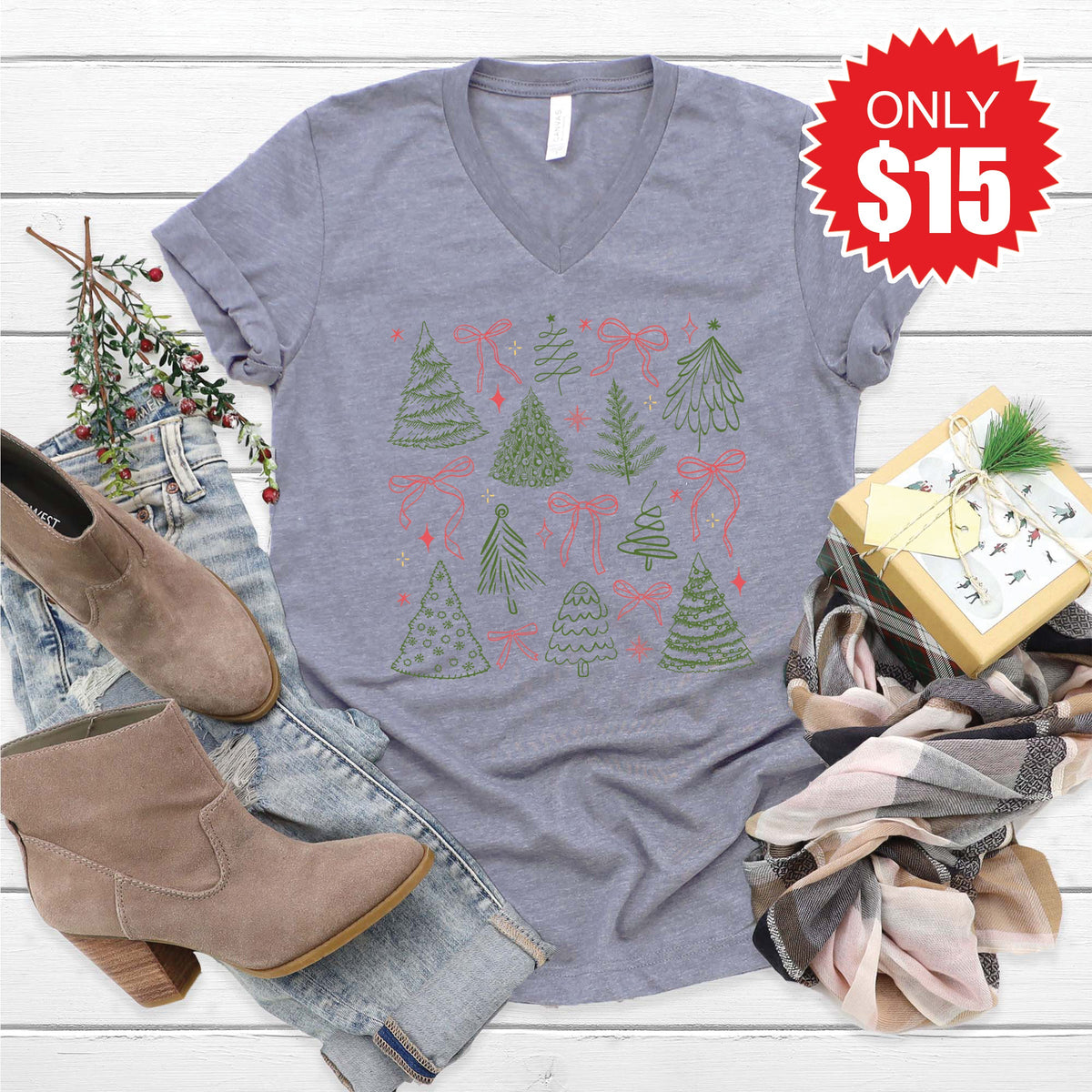 Christmas Trees V-Neck - Heather Storm - 15