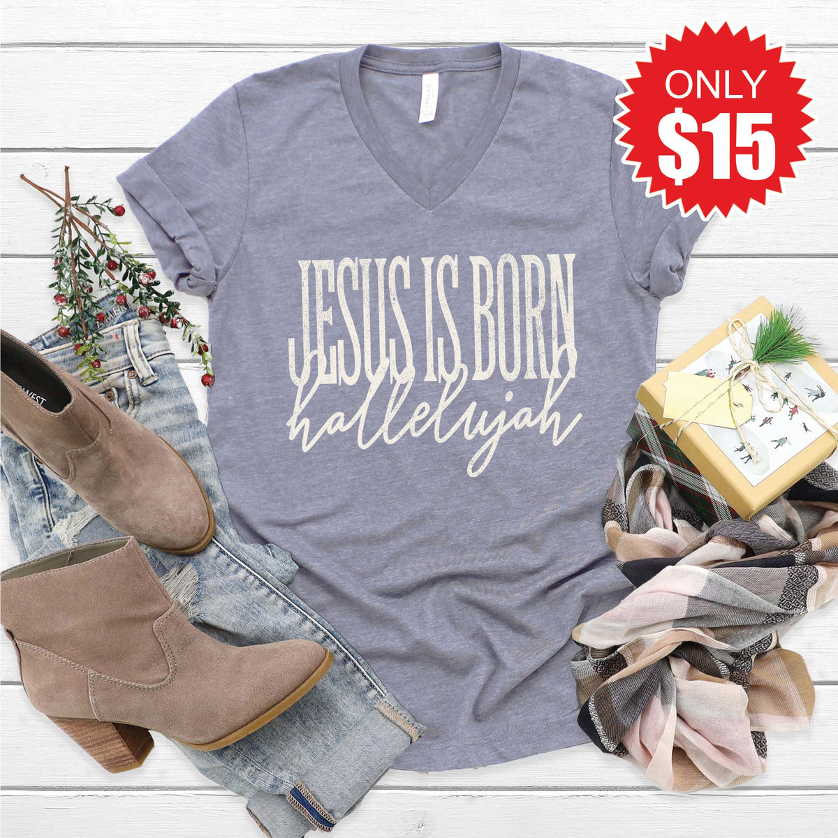 Jesus Is Born V-Neck - Heather Storm - 15