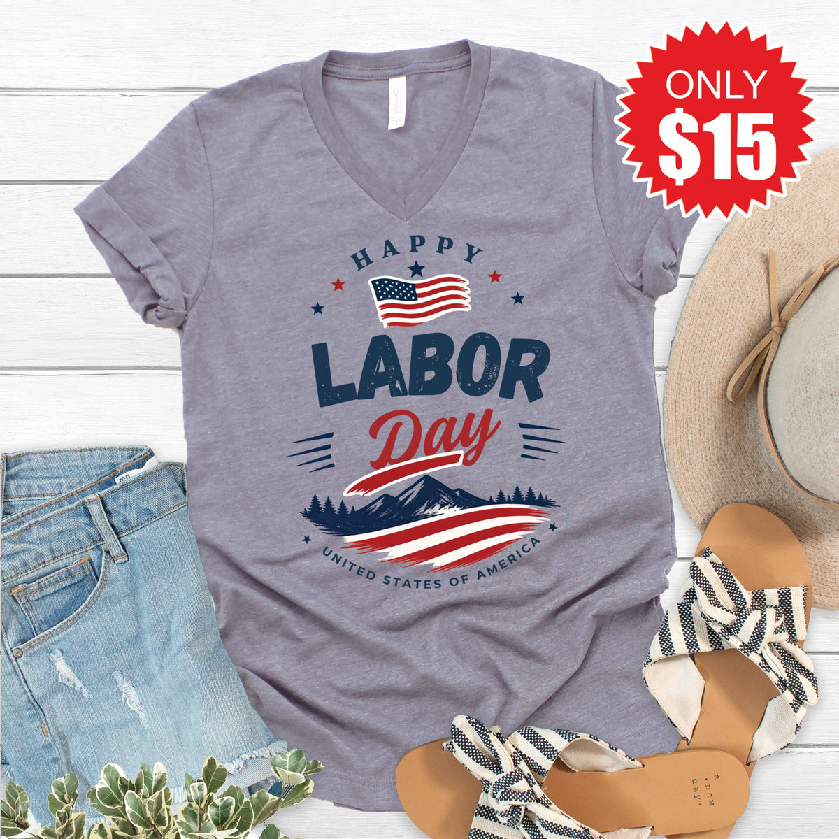 Happy Labor Day V-Neck - Heather Storm - 15
