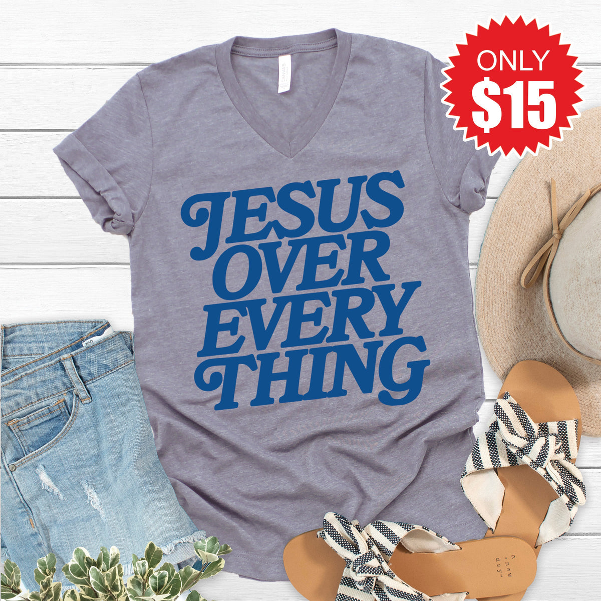 Jesus Over Everything V-Neck - Heather Storm - 15