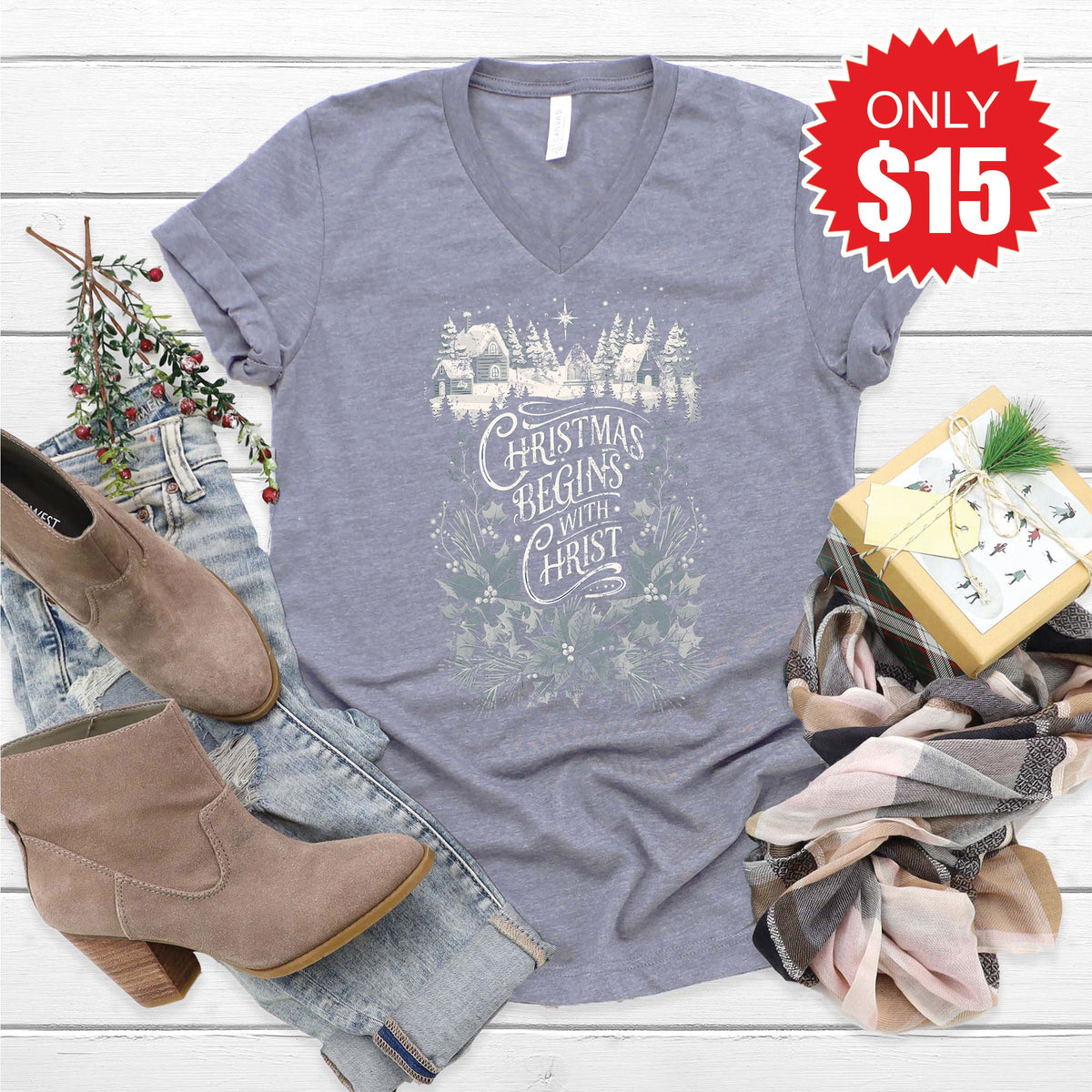 Christmas Begins With Christ V-Neck - Heather Storm - 15