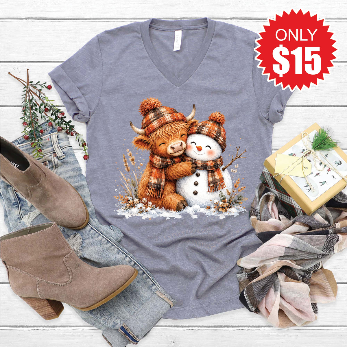 Christmas Cow V-Neck - Heather Storm - 15