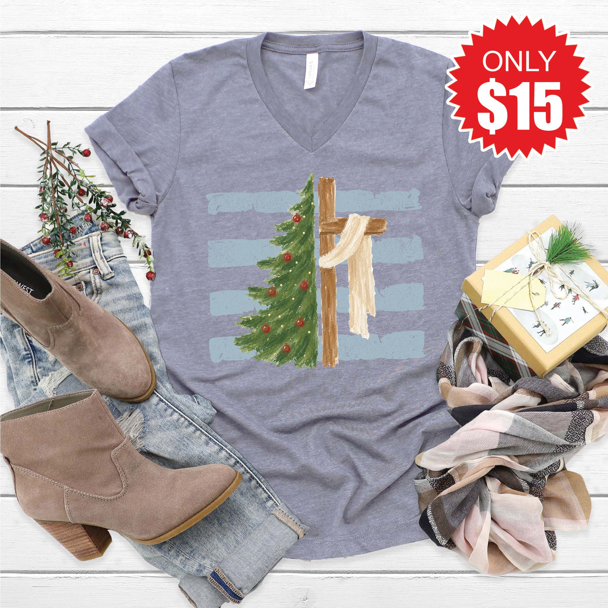 Cross and Christmas Tree V-Neck - Heather Storm - 15