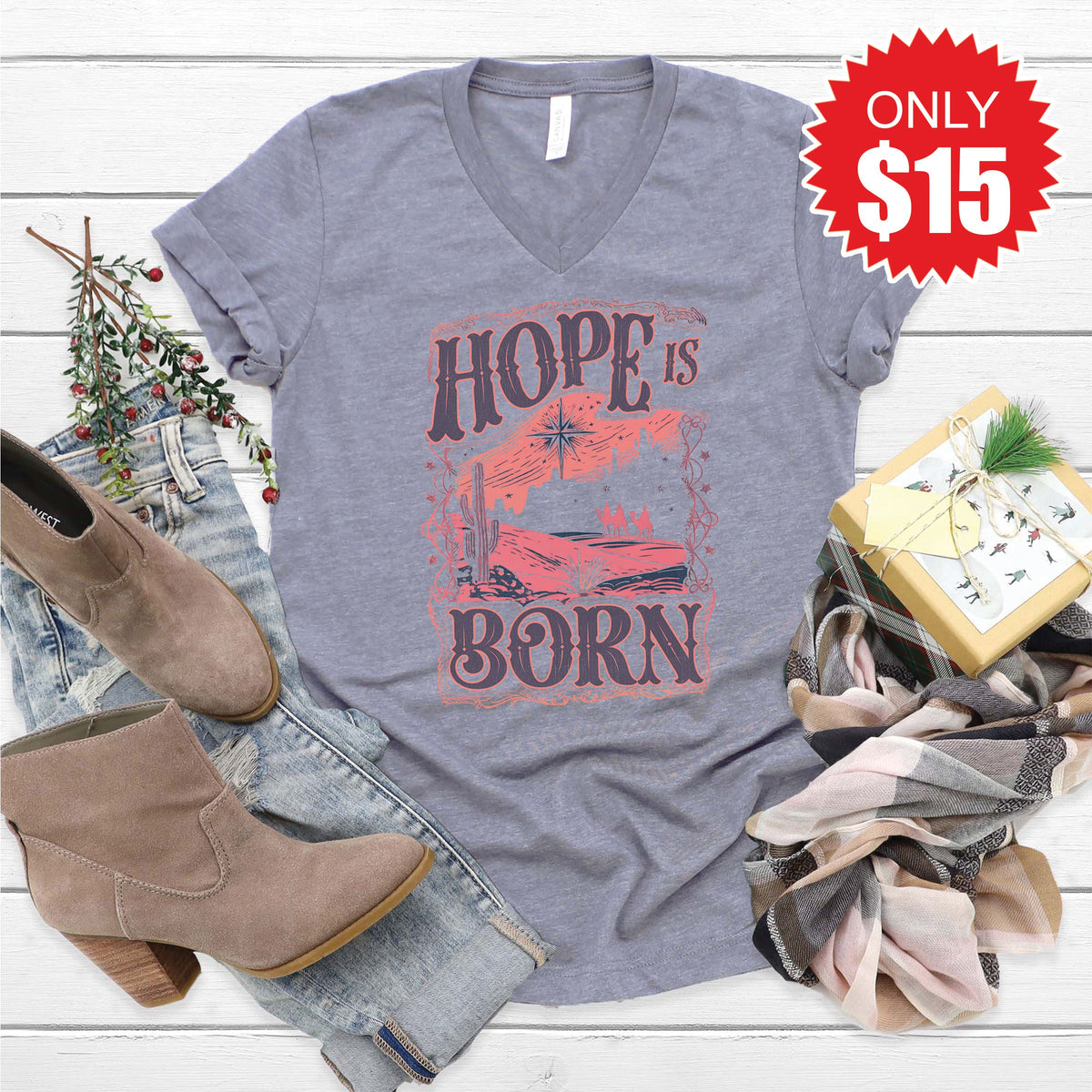 Hope Is Born V-Neck - Heather Storm - 15