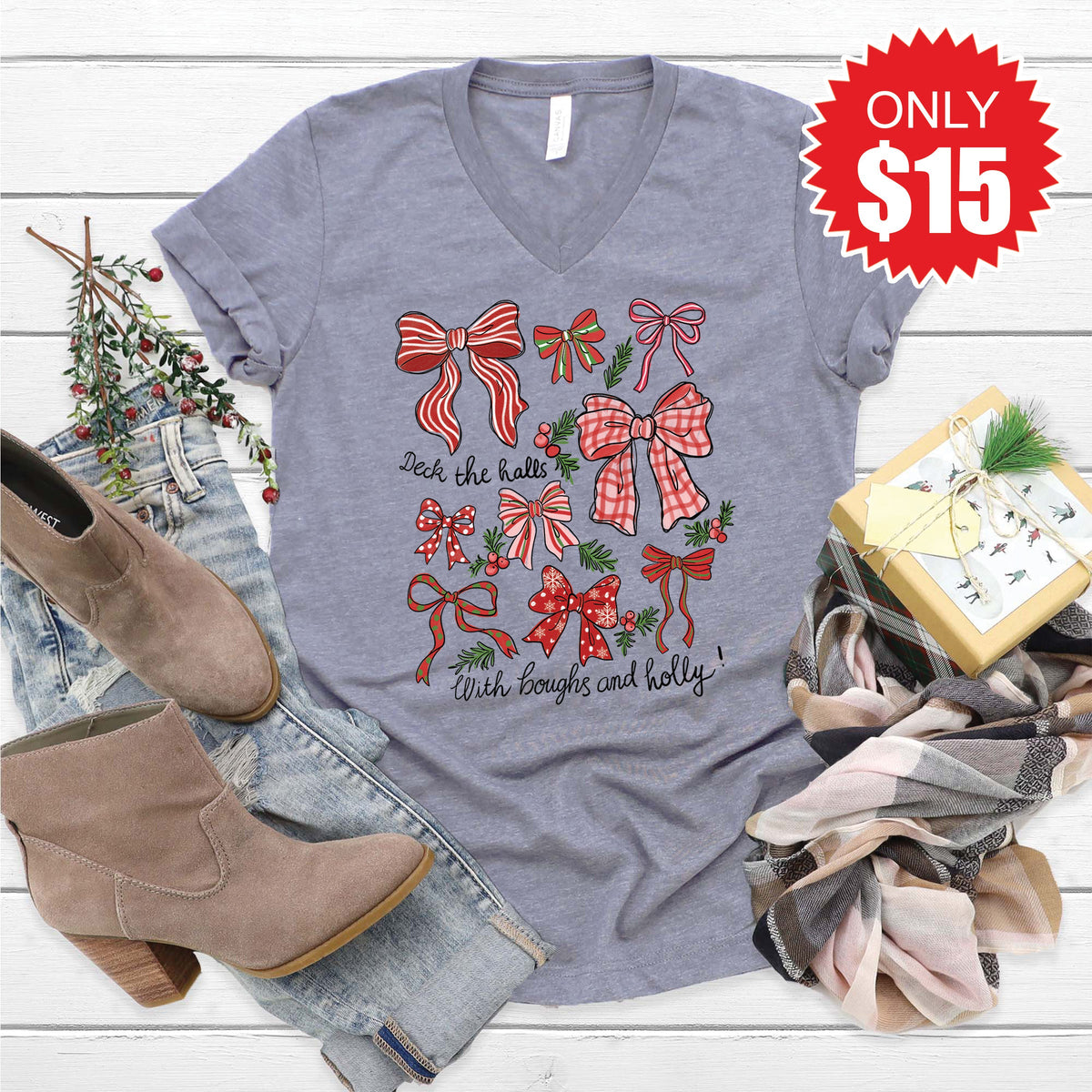 Deck The Halls V-Neck - Heather Storm - 15