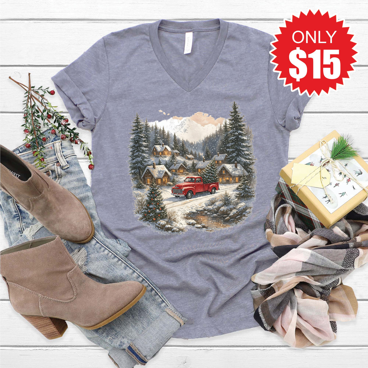 Vintage Christmas V-Neck - Heather Storm - 15