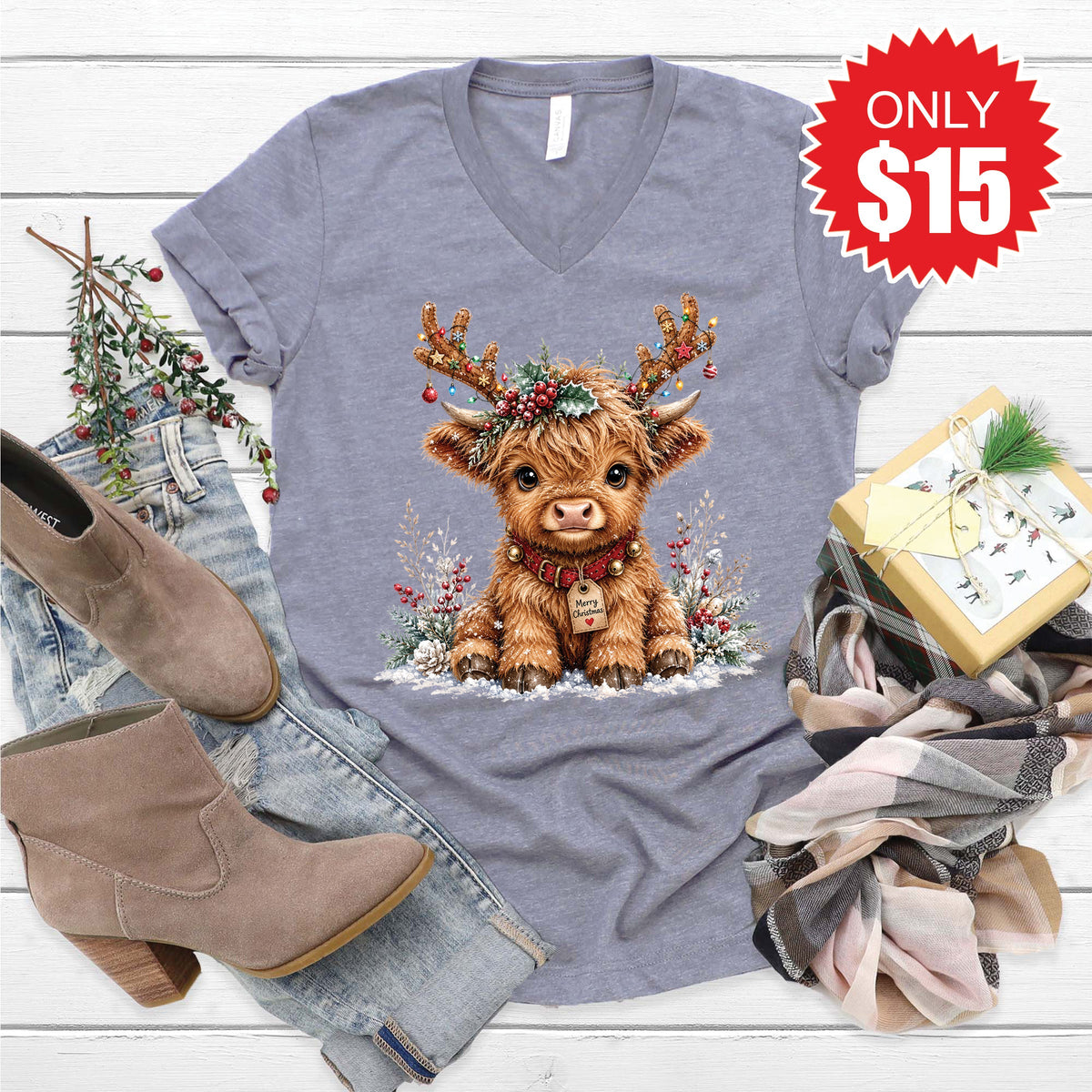 Christmas Cow V-Neck - Heather Storm - 15