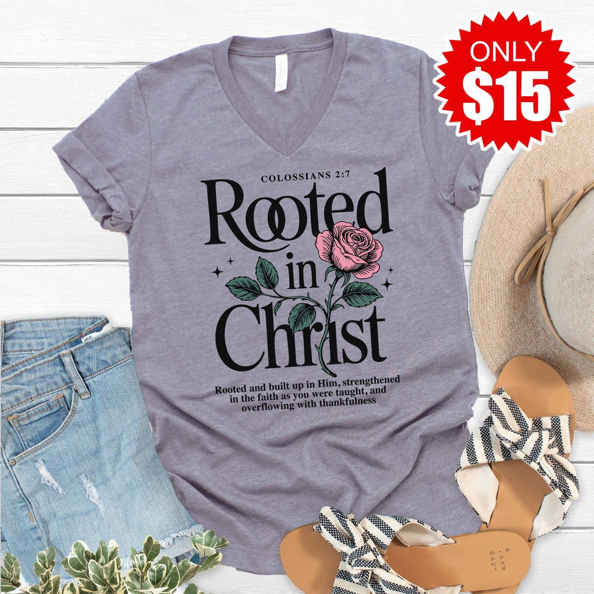 Rooted In Christ V-Neck - Heather Storm - 15