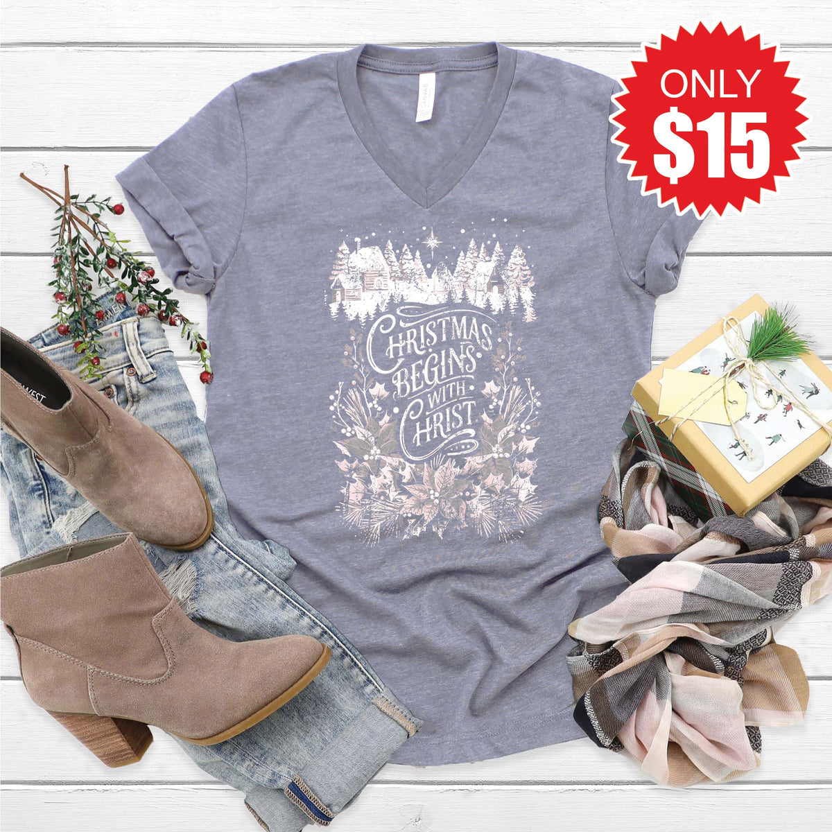 Christmas Begins With Christ V-Neck - Heather Storm - 15