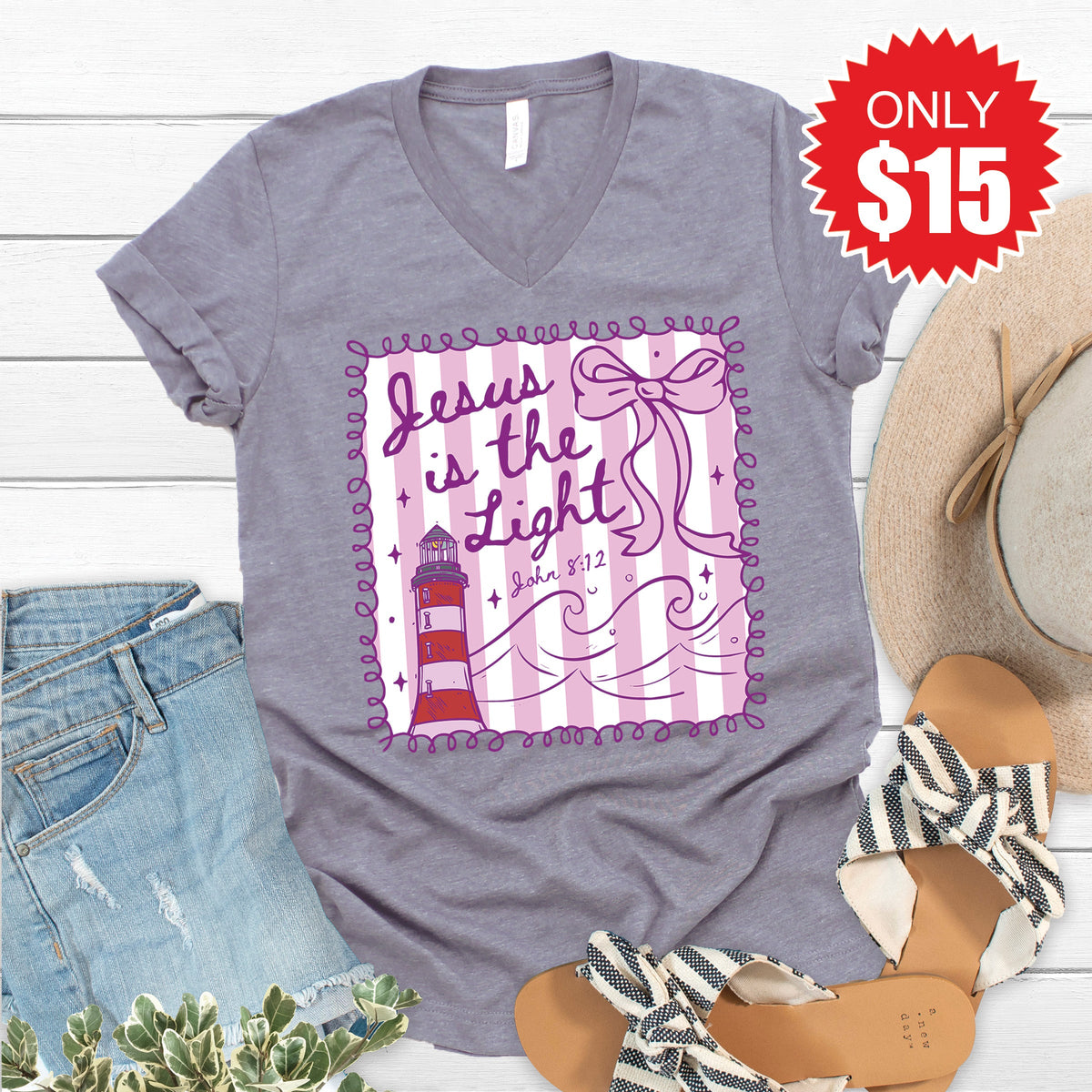 Jesus Is The Light V-Neck - Heather Storm - 15