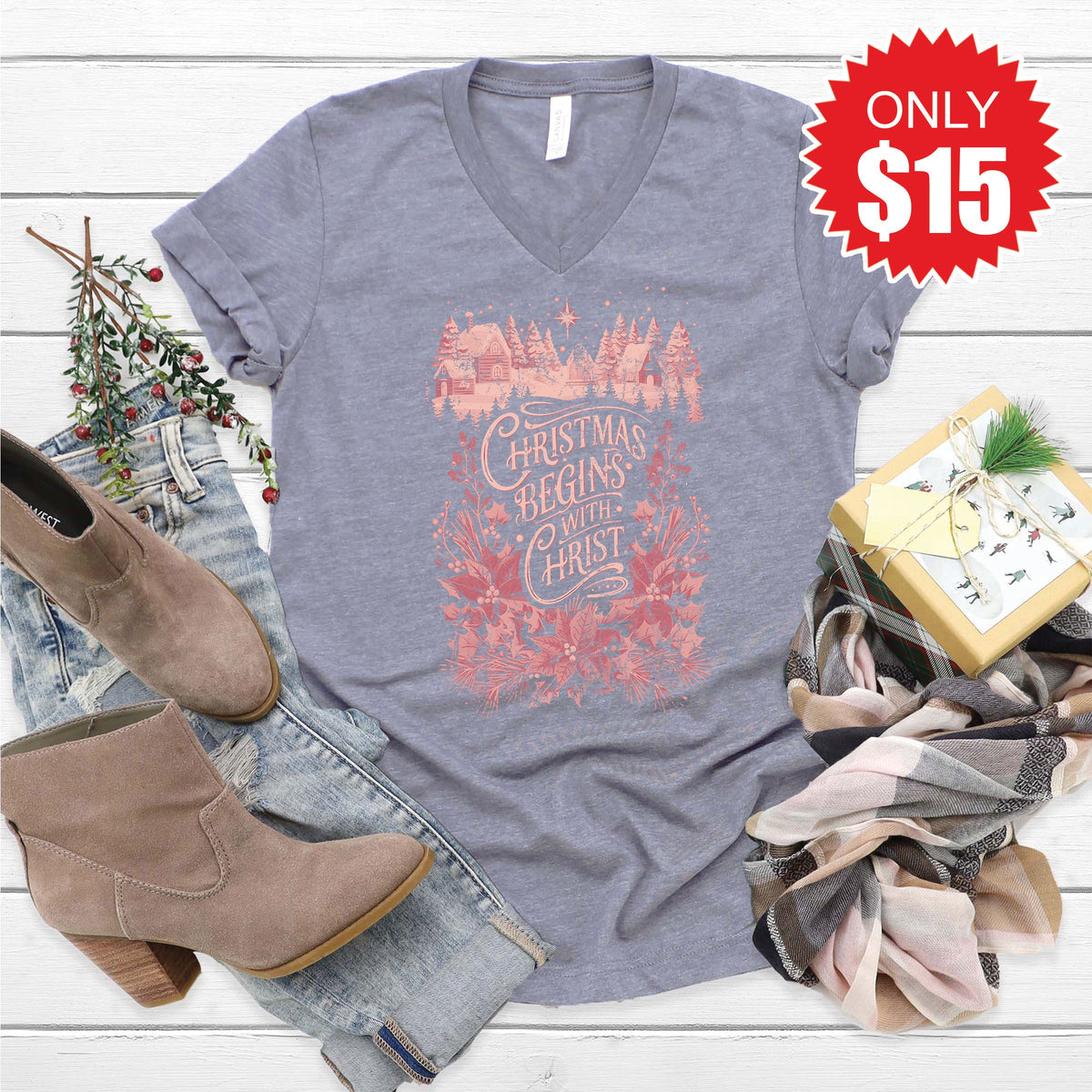 Christmas Begins With Christ V-Neck - Heather Storm - 15