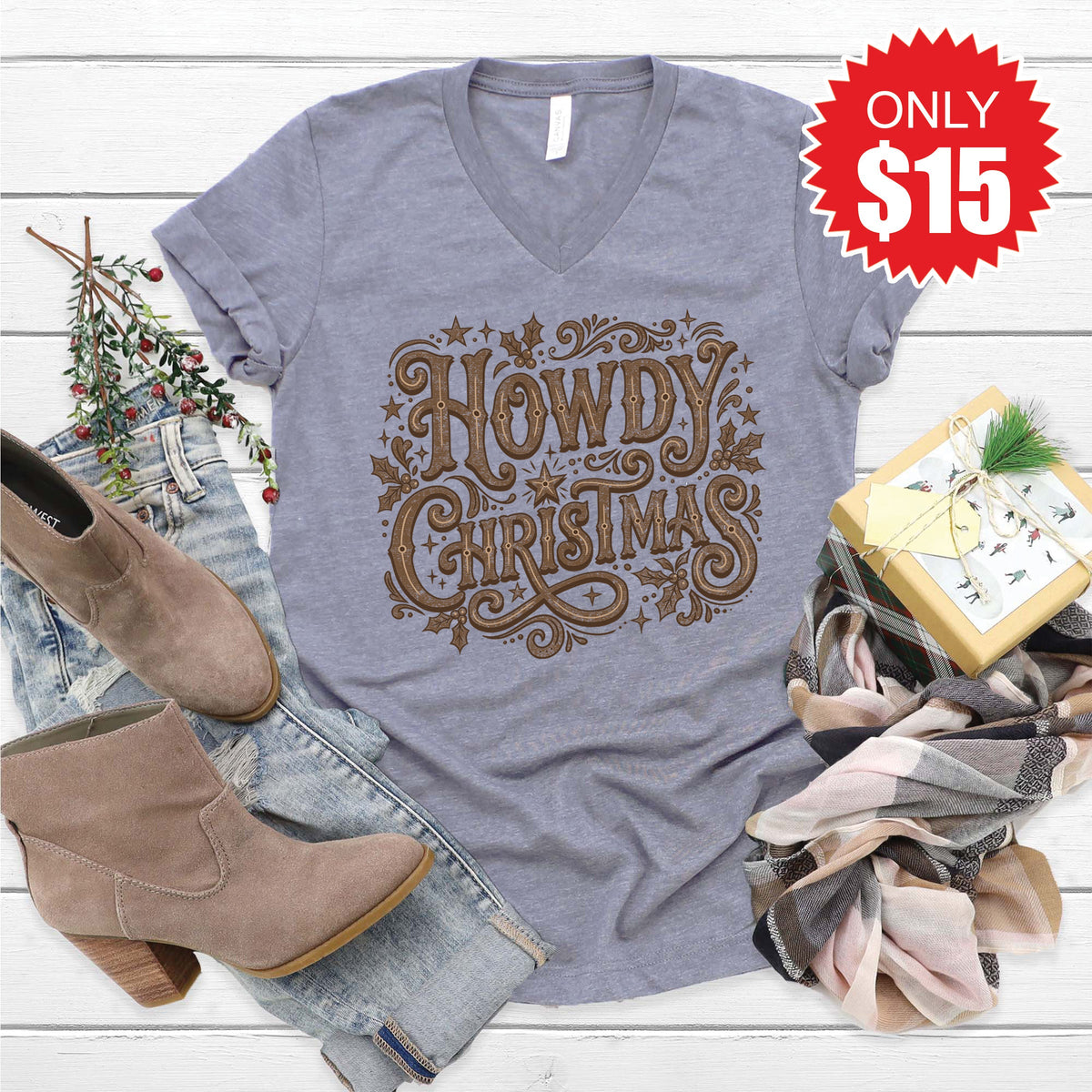 Howdy Christmas V-Neck - Heather Storm - 15