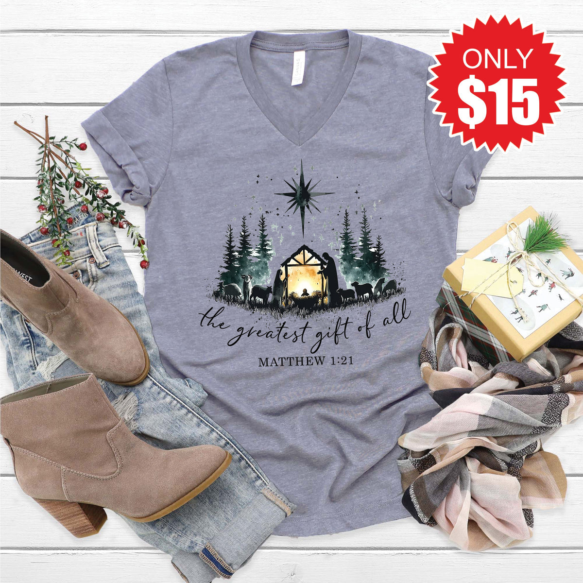The Greatest Gift Of All V-Neck - Heather Storm - 15