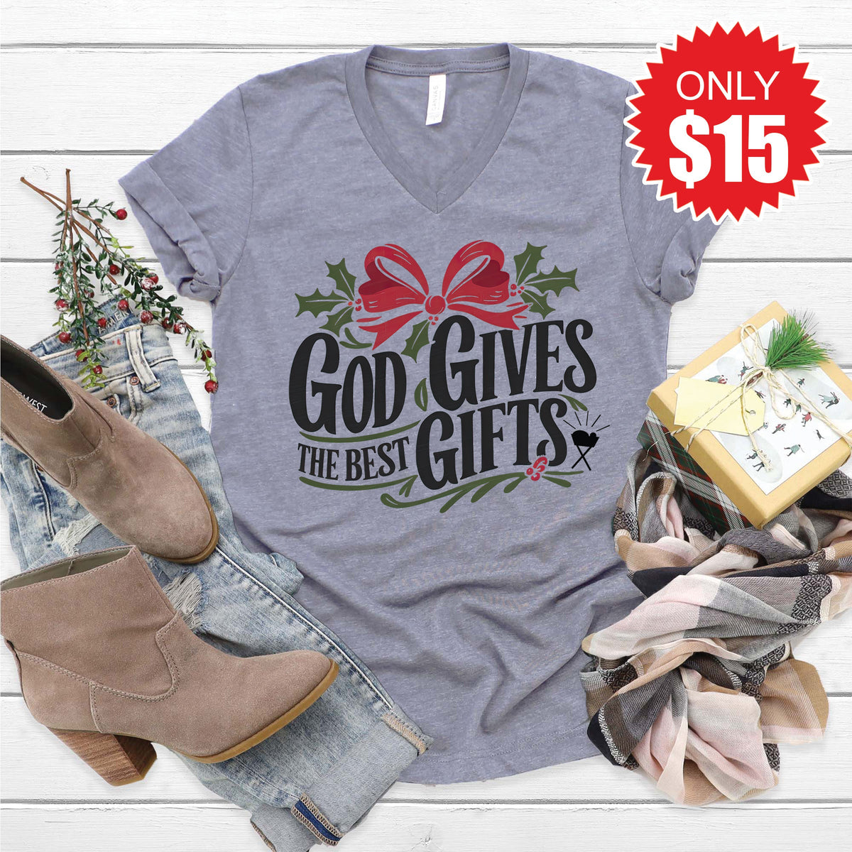 God Gives The Best Gifts V-Neck - Heather Storm - 15