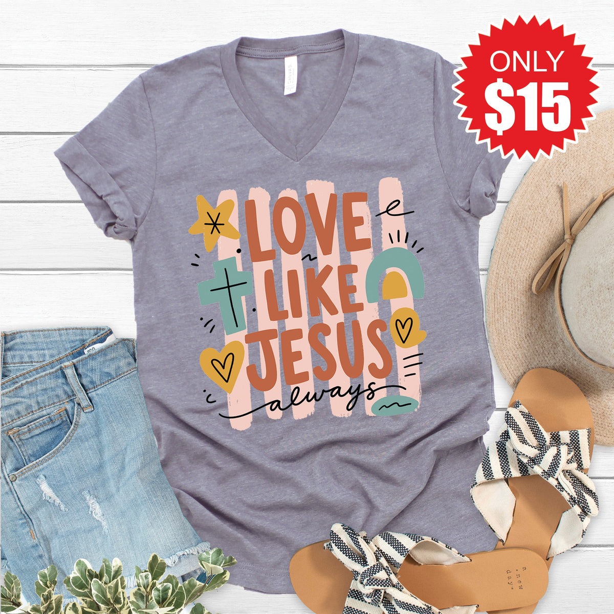 Love Like Jesus V-Neck - Heather Storm - 15