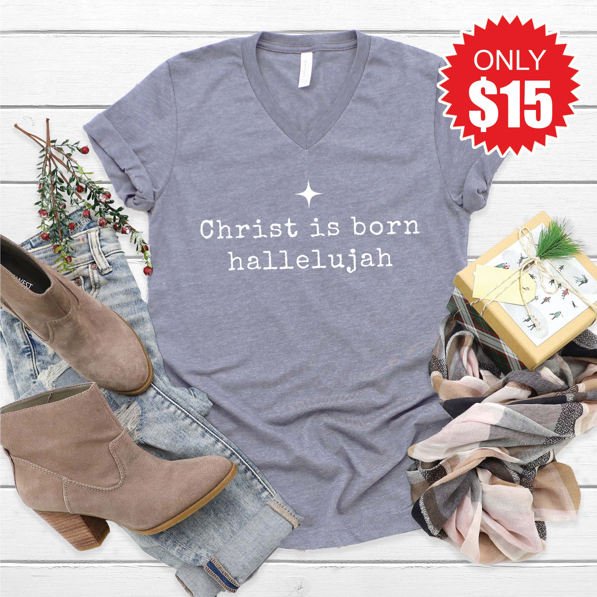 Christ Is Born V-Neck - Heather Storm - 15