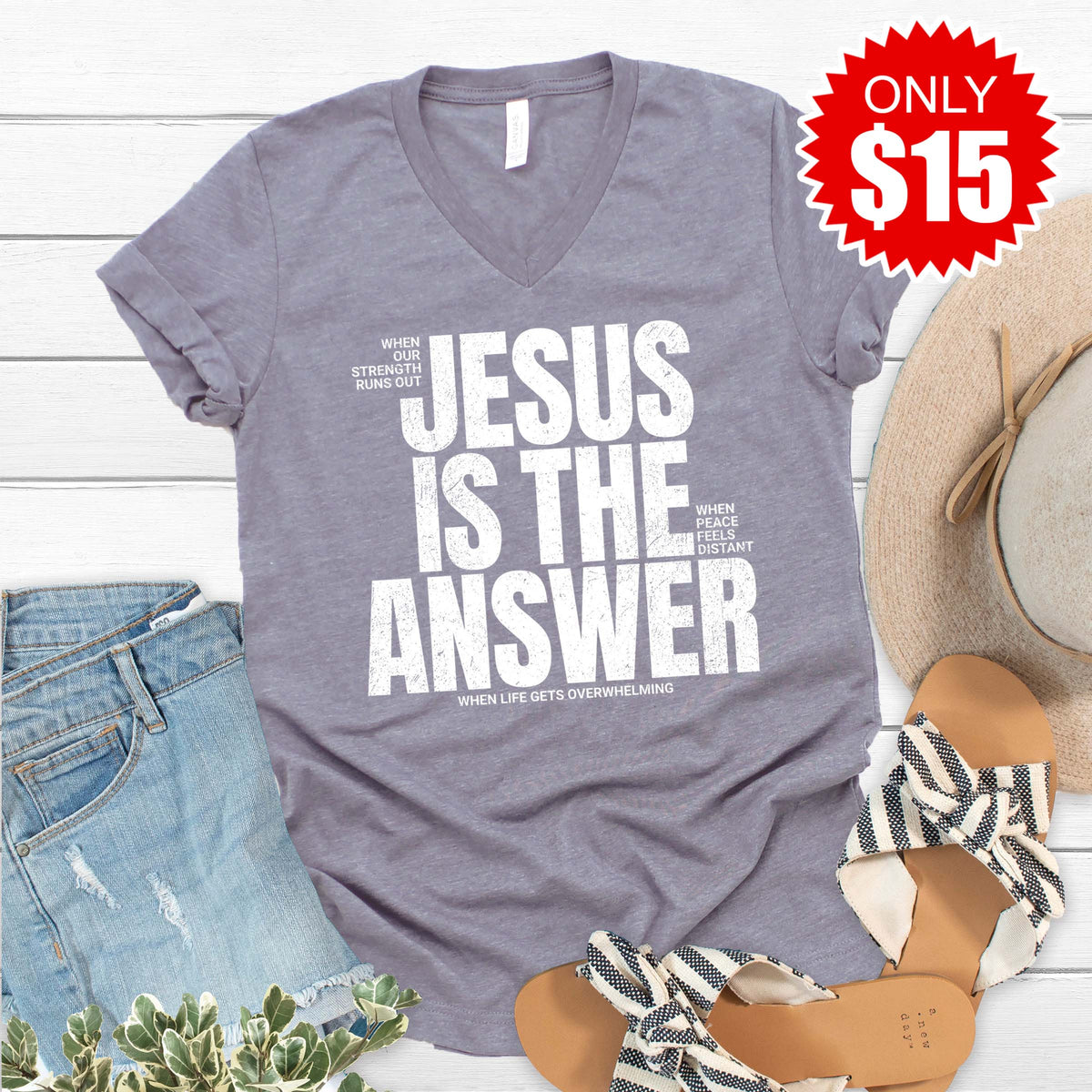 Jesus Is The Answer V-Neck - Heather Storm - 15