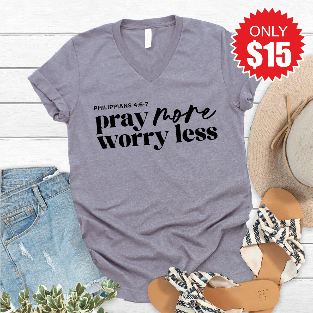 Pray More, Worry Less V-Neck - Heather Storm - 15