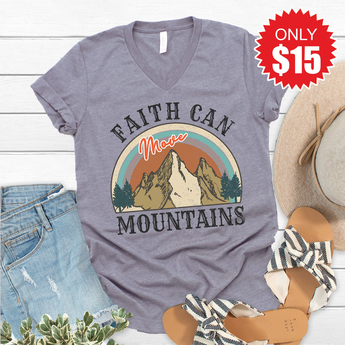Faith Can Move Mountains V-Neck - Heather Storm - 15