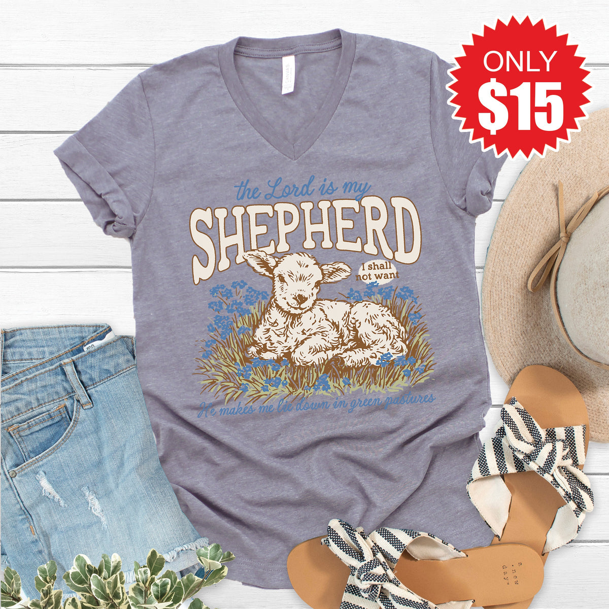 The Lord is my Shepherd V-Neck - Heather Storm - 15