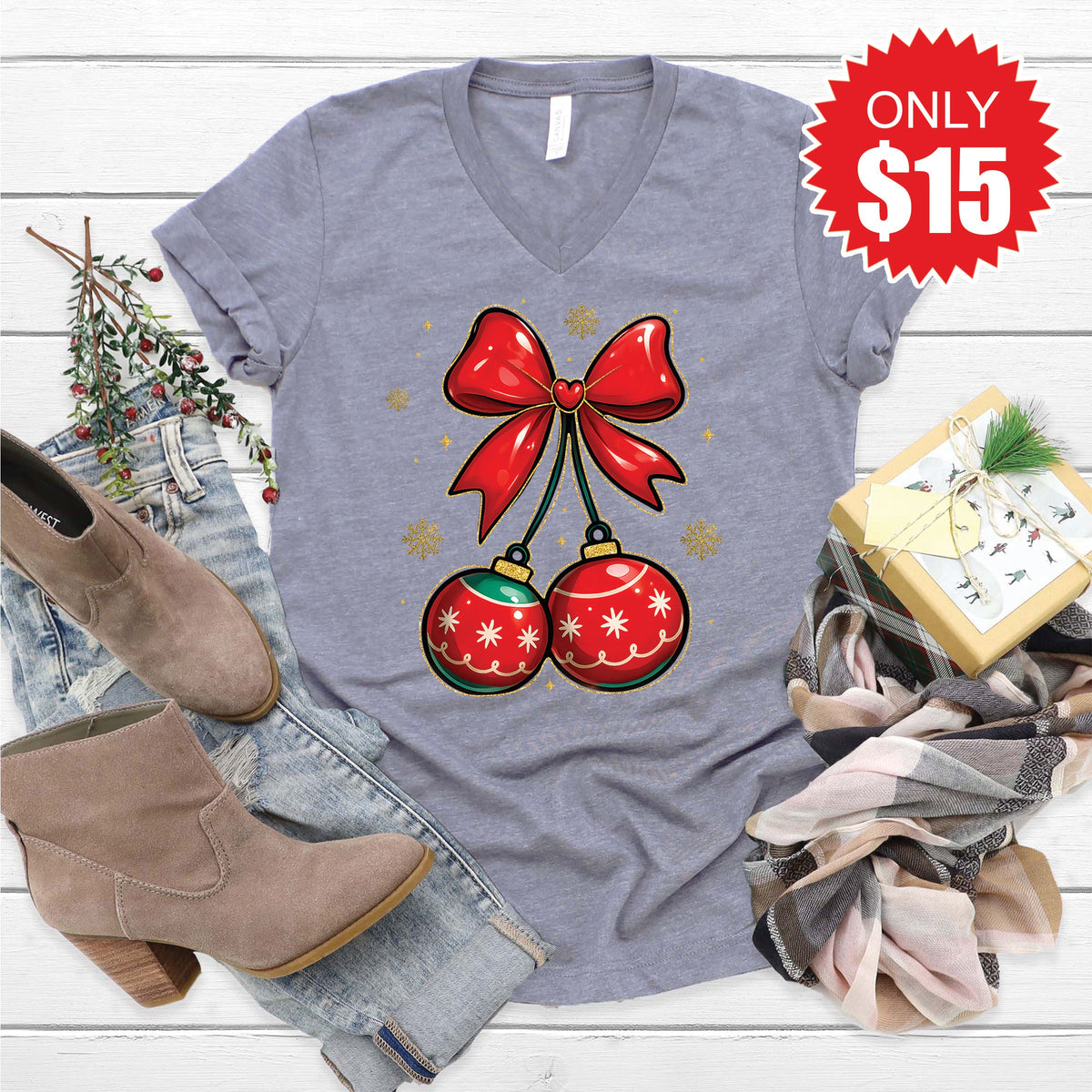 Christmas Cherries V-Neck - Heather Storm - 15