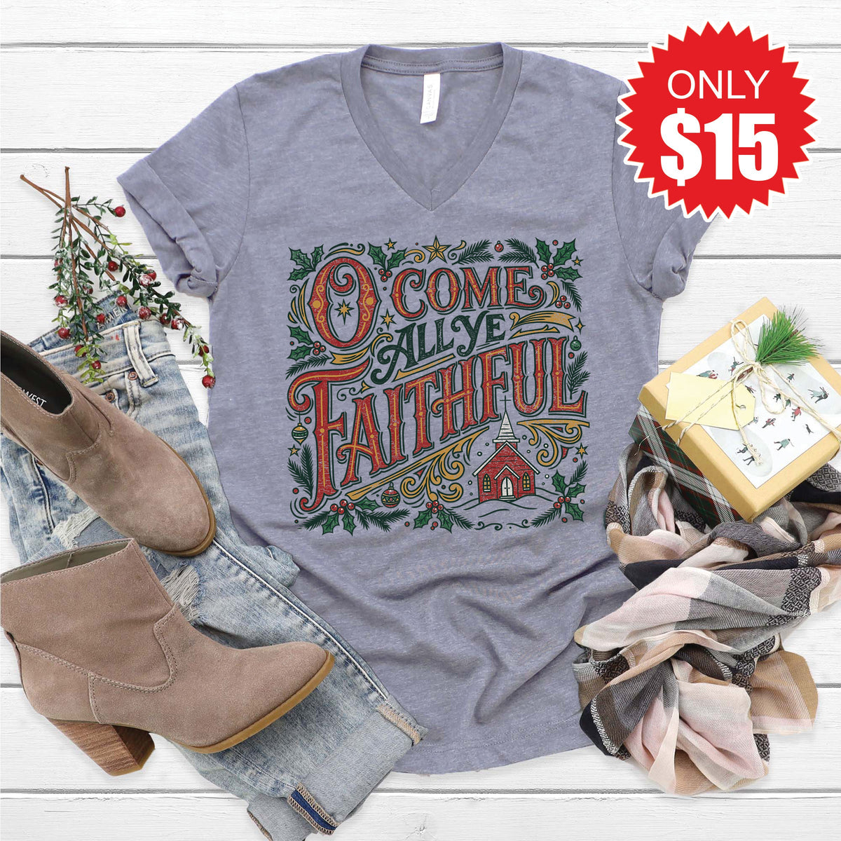 All Ye Faithful V-Neck - Heather Storm - 15