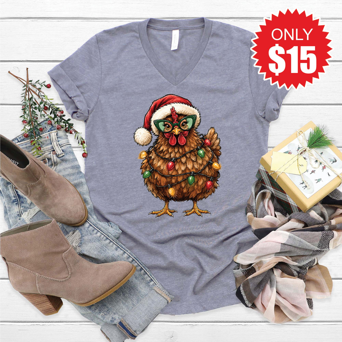 Christmas Chicken V-Neck - Heather Storm - 15