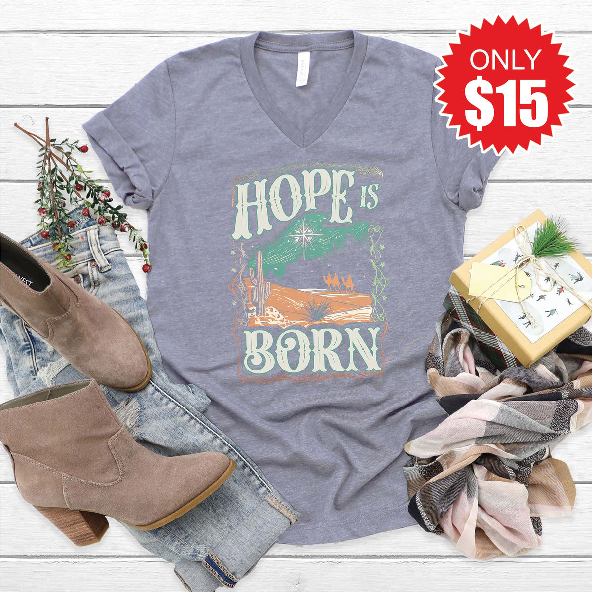 Hope Is Born V-Neck - Heather Storm - 15