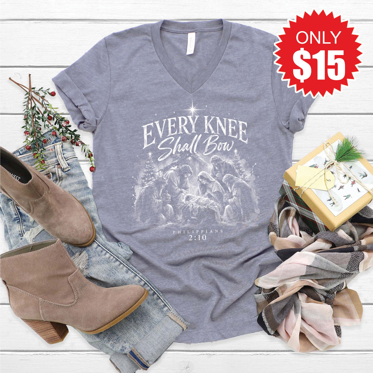Every Knee Shall Bow V-Neck - Heather Storm - 15