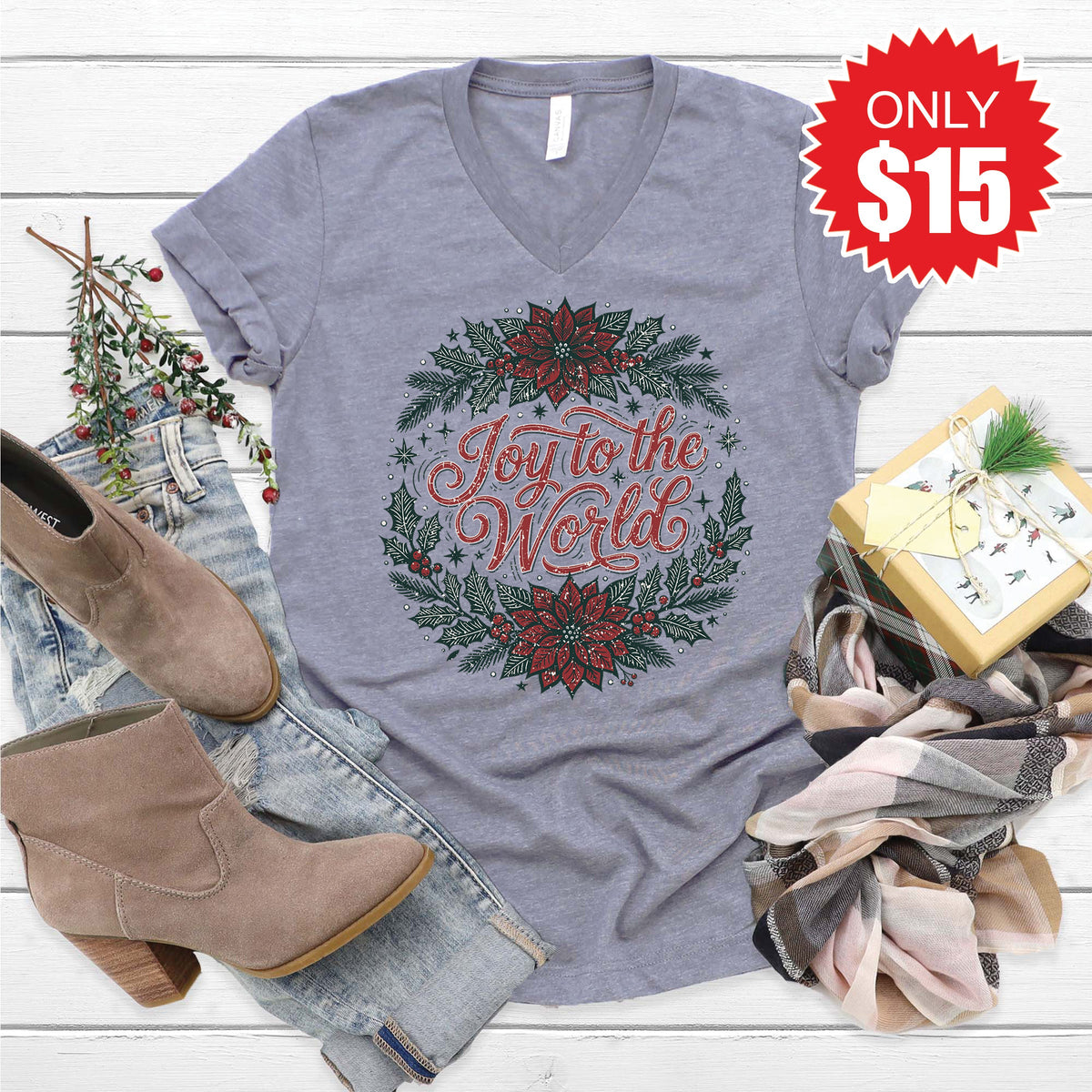 Joy to the World V-Neck - Heather Storm - 15